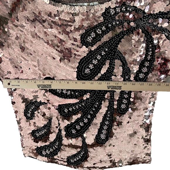 Vintage Oleg Cassini Rose Gold Pink Sequins Silk Formal Blouse Small Pearl Beads - Picture 6 of 7